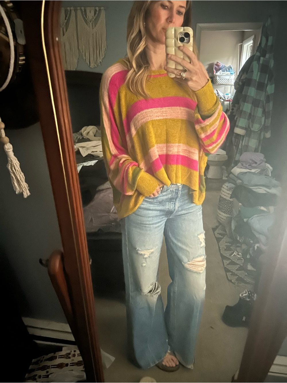 Free people stripe sweater yellow pink